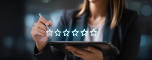 Businesswoman showcasing digital quality certificate in office environment photo