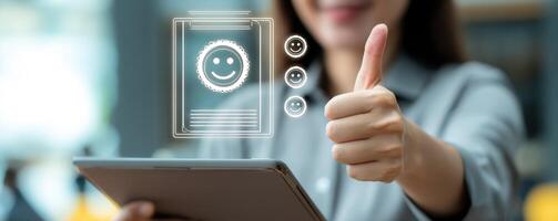 Professional businesswoman showcases digital certification photo