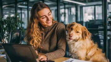 Businesswoman working with dog in office photo