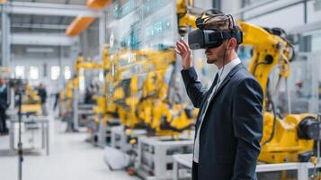 Businessman using vr headset in smart factory industrial setting photo