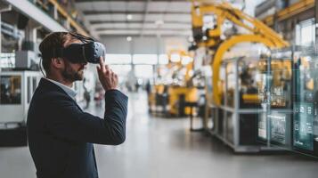 Smart factory 3d visualization with businessman in vr headset photo
