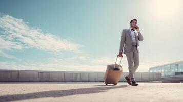 Businessman walking outdoors with suitcase and mobile urban setting photo
