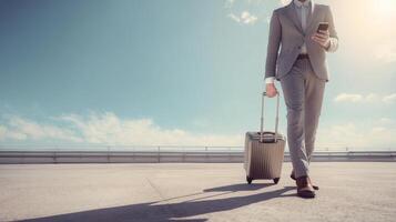 Businessman with suitcase checking mobile phone outdoors urban scene photo