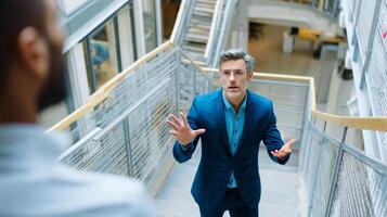 Businessman expressing ideas while speaking in modern office environment photo