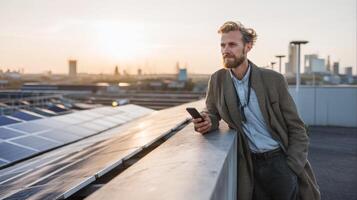 Businessman in smart casual leaning on wall at sunset rooftop lifestyle photo