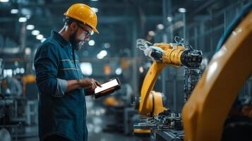 Businessman analyzing robotics in industrial factory setting photo