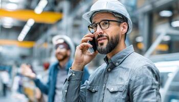 Businessman in safety helmet on phone at industrial site photo