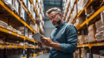 Businessman inspecting inventory with tablet in warehouse photo