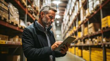 Businessman inspecting inventory with tablet in warehouse environment. photo
