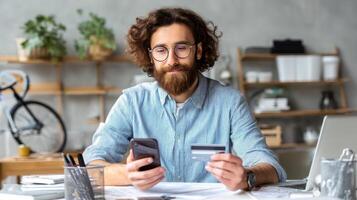 Businessman in casual shirt using smartphone and credit card at desk photo
