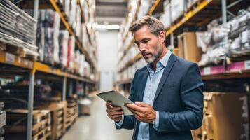 Businessman inspecting inventory with tablet in warehouse environment photo
