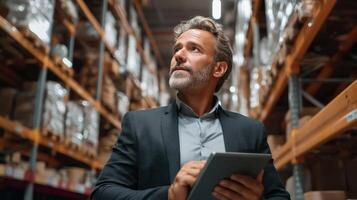 Businessman inspecting inventory with tablet in warehouse setting photo