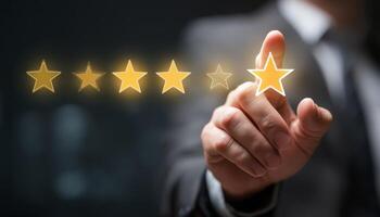 Businessman rating online services with star feedback digital space photo