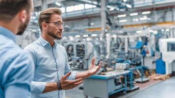 Businessman discussing products in manufacturing facility industrial setting photo