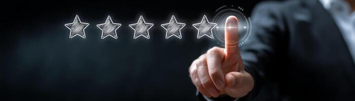 Businessman evaluating virtual star ratings in professional environment photo
