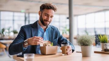 Businessman taking casual lunch break in modern office relaxed atmosphere photo