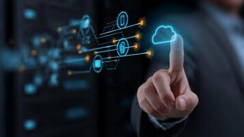 Businessman engaging holographic cloud platform office digital concept photo
