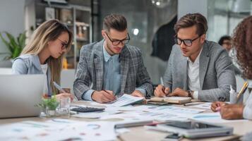 Business team analyzing budget in modern office space photo