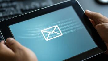 Business tablet screen displaying new email icon in modern office photo