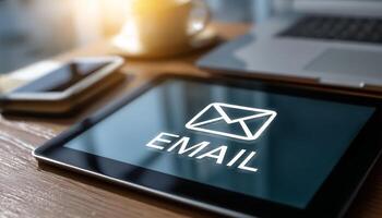 Business tablet displaying new email notification in modern office photo