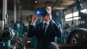 Professional man using vr goggles in industrial setting photo