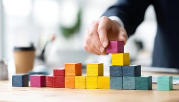 Professional man building success with blocks in office setting photo