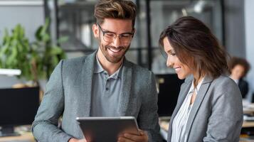 Professional male presenting tablet insights to female colleague in office photo