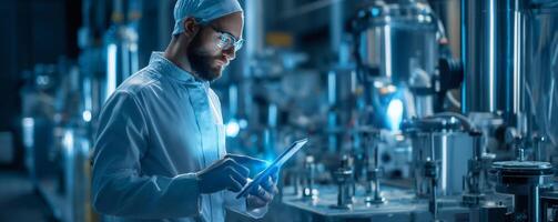 Smart manufacturing professional using tablet in modern plant photo