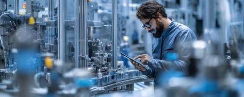 Professional using tablet in smart manufacturing plant photo