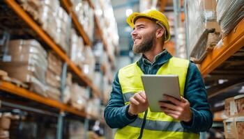 Warehouse safety inspection professional using tablet in industry photo