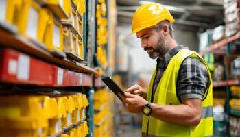 Safety professional checking inventory with tablet in warehouse photo