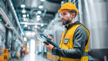 Safety inspection on factory floor by professional in gear photo