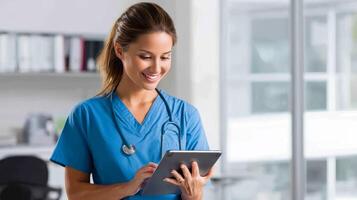 Healthcare professional using tablet for telehealth consultation photo