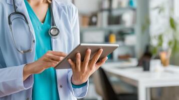 Healthcare professional using tablet for telehealth services photo