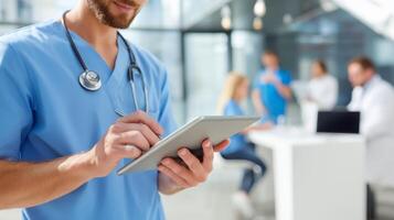 Healthcare worker using tablet for telehealth in modern clinic photo