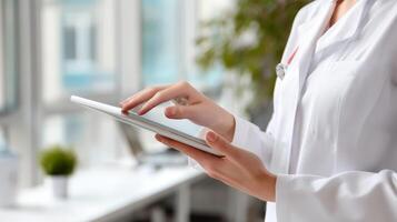 Bright office telehealth healthcare worker using tablet for consultation photo