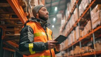 Dispatcher checking inventory in warehouse industrial environment photo
