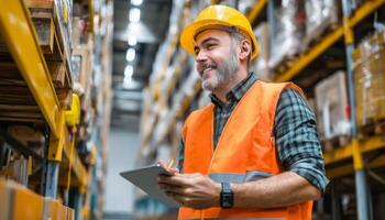 Warehouse inventory check by professional dispatcher in safety vest photo