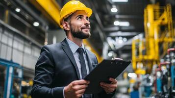 Businessman inspecting products in factory industrial environment photo