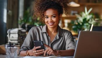Professional black woman texting on mobile office lifestyle modern candid photo