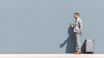 Businessman checking phone at urban location modern environment photo