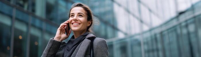 Professional woman smiling on phone business district lifestyle shot photo