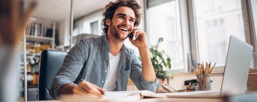 Smiling young professional multitasking in cozy office environment photo