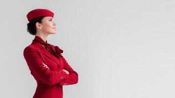 Red uniformed flight attendant in airplane interior portrait photo