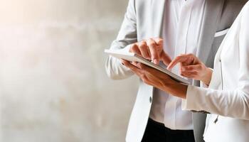 Collaborative business professionals using digital tablet office action photo