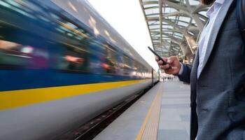 Business casual traveler using smartphone at train station. photo