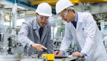 Engineers collaborating in manufacturing facility industrial environment photo