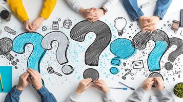 Innovative business brainstorming session with question mark icons photo