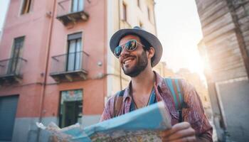 Adventurous traveler exploring city streets urban environment joyful scene photo