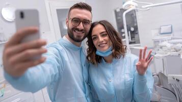 Dental team smiling together in clinic professional portrait bright environment photo